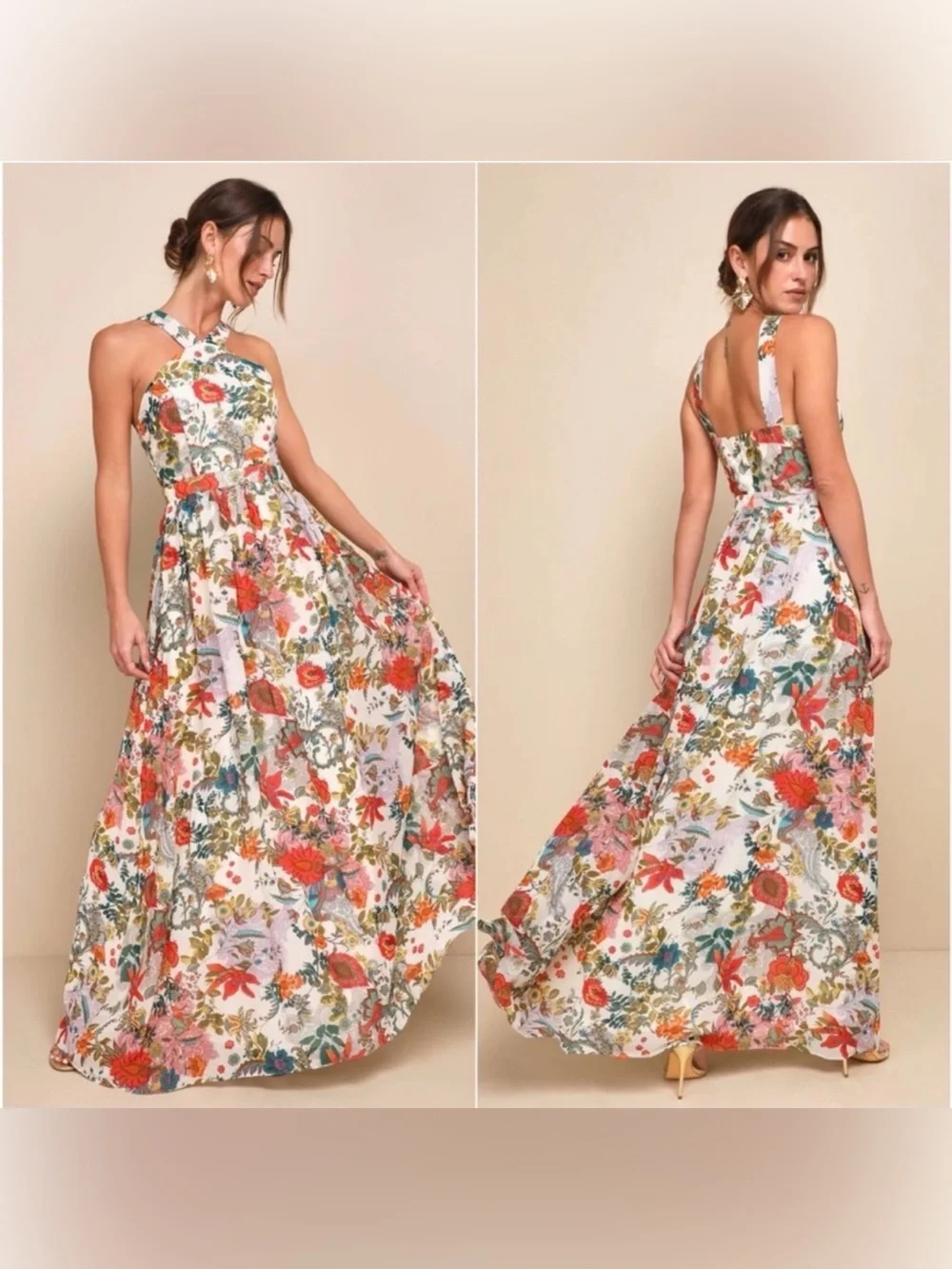 New! Lulu's Lilja Cream Floral Print Halter Maxi Dress Sz L - Picture 3 of 10